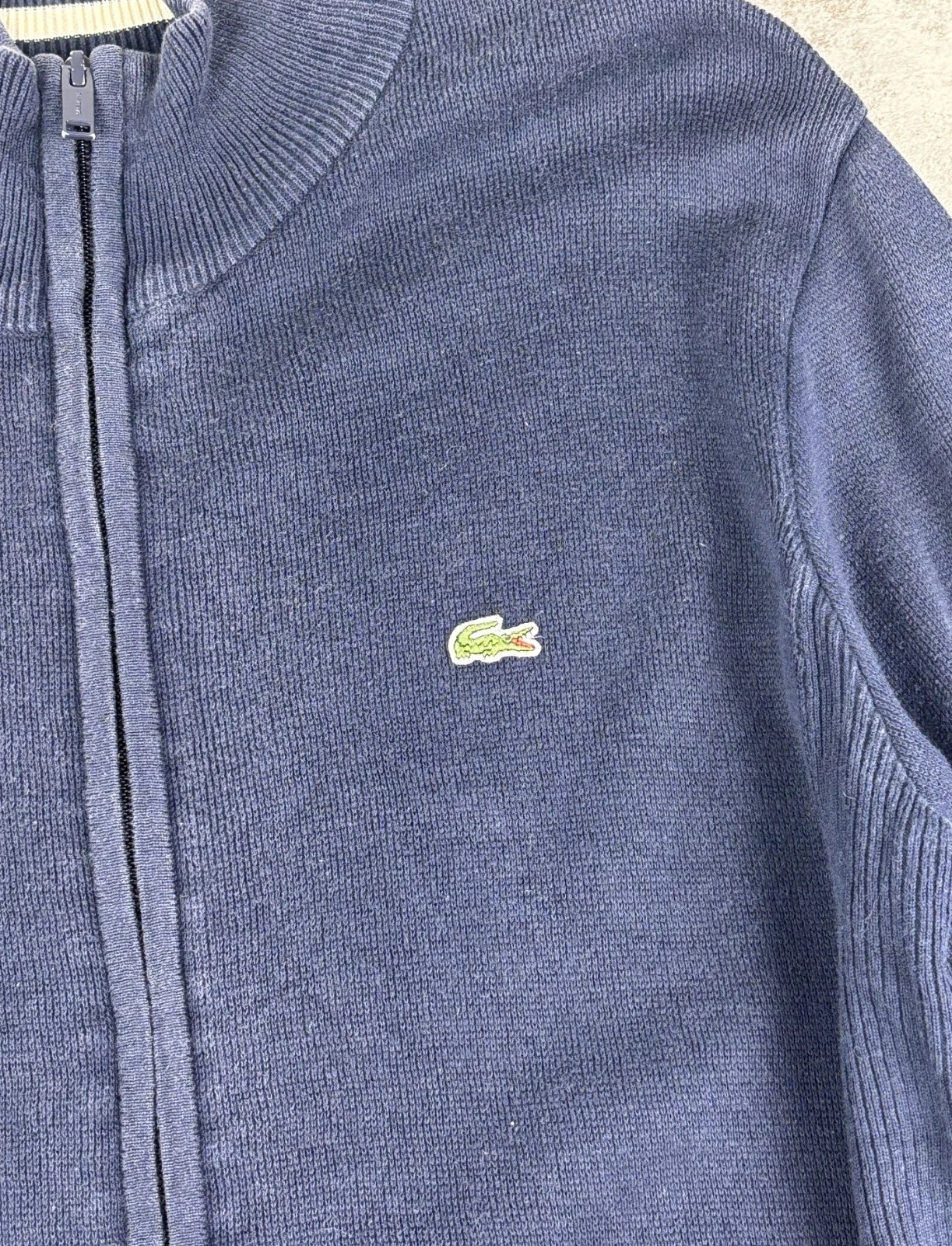 Lacoste Full Zip Cotton Navy Blue Vest | Logo Croc Cardigan High Neck Knit | Size S – photo 4